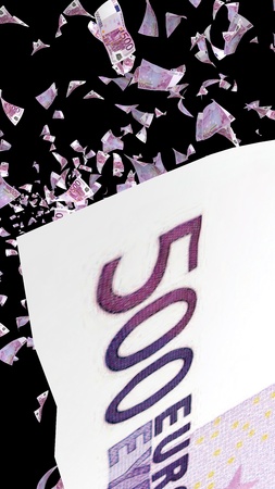 Flying euro banknotes isolated on a dark background. Money is flying in the air. 500 EURO in color. 3D illustrationの写真素材