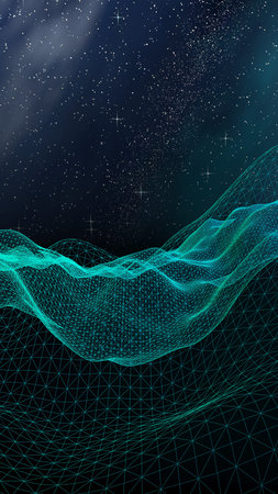 Abstract landscape on a dark background. Cyberspace grid. hi tech network. Outer space. Vertical...