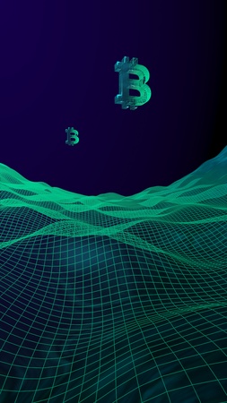 Digital currency symbol Bitcoin on abstract dark background. Drop of the crypto currency market. Business, finance and technology concept. 3D illustrationの写真素材