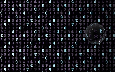 Bitcoin and currency on a dark background. Digital crypto symbol. Currency bubble, wave effect, market fluctuations. Business concept. 3D illustrationの写真素材