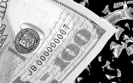 Flying dollars banknotes isolated on dark background. Money is flying in the air. 100 US banknotes new sample. Black and white style. 3D illustrationの写真素材