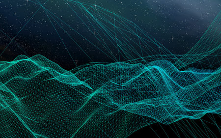 Abstract landscape on a dark background. Cyberspace grid. hi tech network. Outer space. Starry outer...