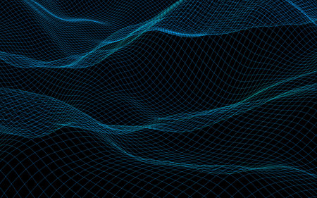 Abstract landscape on a dark background. Cyberspace navy blue grid. hi tech network. 3D illustration