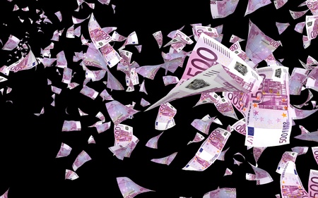 Flying euro banknotes isolated on a dark background. Money is flying in the air. 500 EURO in color. 3D illustrationの写真素材