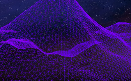 Abstract ultraviolet landscape on a dark background. Purple cyberspace grid. hi tech network. Outer...