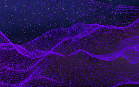 Abstract ultraviolet landscape on a dark background. Purple cyberspace grid. hi tech network. Outer...
