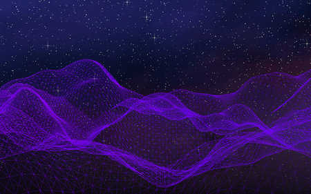 Abstract ultraviolet landscape on a dark background. Purple cyberspace grid. hi tech network. Outer...