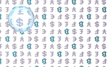 Bitcoin and currency on a white background. Digital crypto symbol. Currency bubble, wave effect, market fluctuations. Business concept. 3D illustrationの写真素材