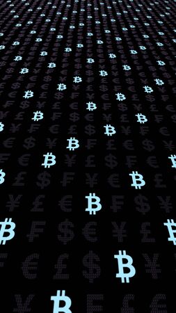 Bitcoin and currency on a dark background. Digital crypto currency symbol. Business concept. Market Display. 3D illustrationの写真素材