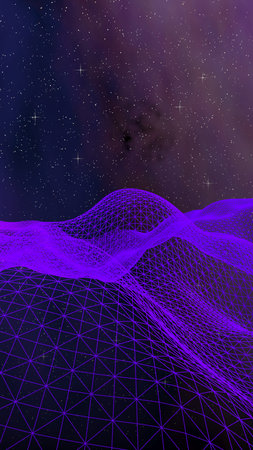 Abstract ultraviolet landscape on a dark background. Purple cyberspace grid. hi tech network. Outer...