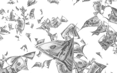 Flying dollars banknotes isolated on white background. Money is flying in the air. 100 US banknotes new sample. Black and white style. 3D illustrationの写真素材