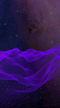 Abstract ultraviolet landscape on a dark background. Purple cyberspace grid. hi tech network. Outer...
