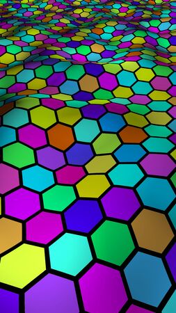 Honeycomb multi-colored. Perspective view on polygon look like honeycomb. Wavy surface. Isometric geometry. 3D illustrationの写真素材