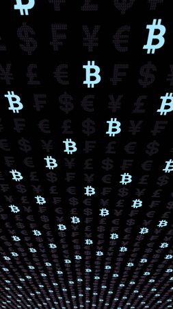 Bitcoin and currency on a dark background. Digital crypto currency symbol. Business concept. Market Display. 3D illustrationの写真素材