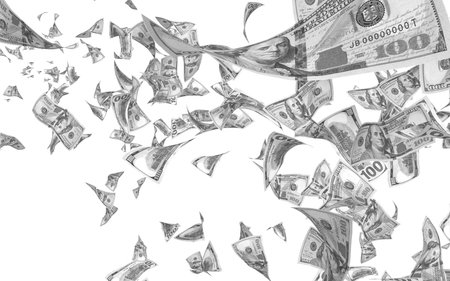 Flying dollars banknotes isolated on white background. Money is flying in the air. 100 US banknotes...