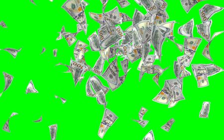 Flying dollars banknotes isolated on chromakey. Money is flying in the air. 100 US banknotes new sample. 3D illustrationの写真素材