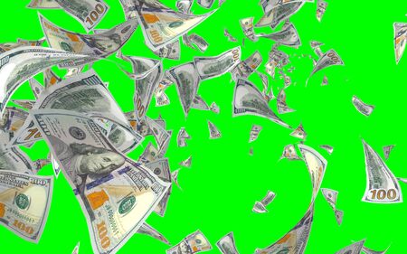 Flying dollars banknotes isolated on chromakey. Money is flying in the air. 100 US banknotes new sample. 3D illustrationの写真素材