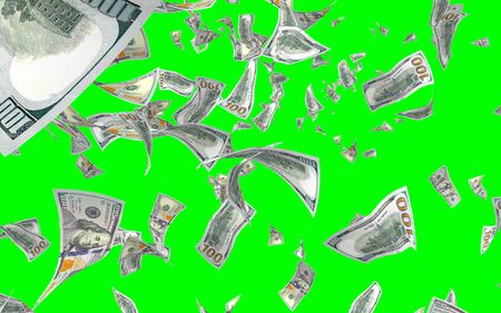 Flying dollars banknotes isolated on chromakey. Money is flying in the air. 100 US banknotes new sample. 3D illustrationの写真素材