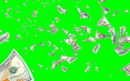Flying dollars banknotes isolated on chromakey. Money is flying in the air. 100 US banknotes new sample. 3D illustrationの写真素材