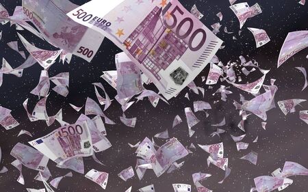 Flying euro banknotes on a outer space starry background. Money flying in the outer space. 500 EURO in color. 3D illustrationの写真素材