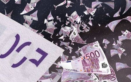 Flying euro banknotes on a outer space starry background. Money flying in the outer space. 500 EURO in color. 3D illustrationの写真素材