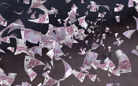 Flying euro banknotes on a outer space starry background. Money flying in the outer space. 500 EURO in color. 3D illustrationの写真素材