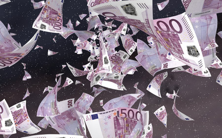 Flying euro banknotes on a outer space starry background. Money flying in the outer space. 500 EURO...