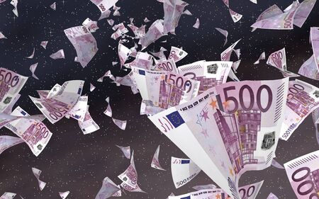 Flying euro banknotes on a outer space starry background. Money flying in the outer space. 500 EURO in color. 3D illustrationの写真素材