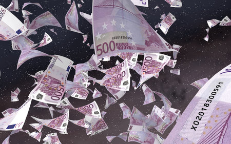 Flying euro banknotes on a outer space starry background. Money flying in the outer space. 500 EURO...