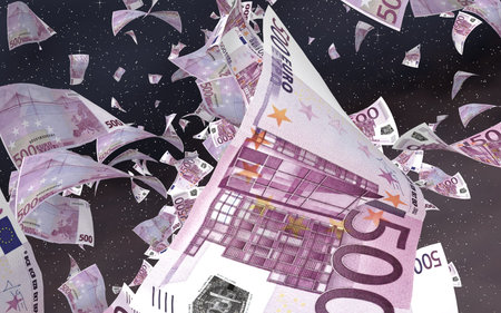 Flying euro banknotes on a outer space starry background. Money flying in the outer space. 500 EURO...
