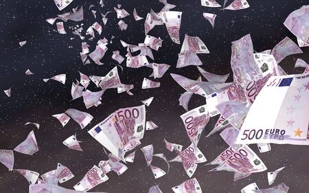 Flying euro banknotes on a outer space starry background. Money flying in the outer space. 500 EURO in color. 3D illustrationの写真素材