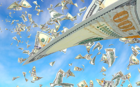 Flying dollars banknotes against the sky background. Money is flying in the air. 100 US banknotes...