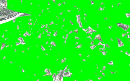 Flying dollars banknotes isolated on chromakey. Money is flying in the air. 100 US banknotes new sample. 3D illustrationの写真素材