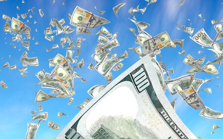 Flying dollars banknotes against the sky background. Money is flying in the air. 100 US banknotes new sample. 3D illustrationの写真素材