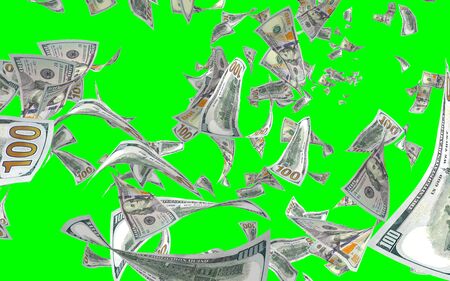 Flying dollars banknotes isolated on chromakey. Money is flying in the air. 100 US banknotes new sample. 3D illustrationの写真素材