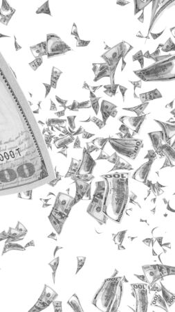 Flying dollars banknotes isolated on white background. Money is flying in the air. 100 US banknotes new sample. Black and white style. 3D illustrationの写真素材