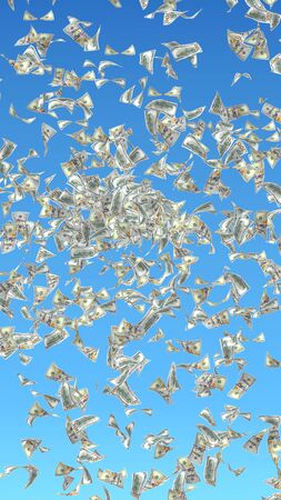 Flying dollars banknotes isolated on a blue background. Money is flying in the air. 100 US banknotes new sample. 3D illustrationの写真素材