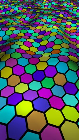 Honeycomb multi-colored. Perspective view on polygon look like honeycomb. Wavy surface. Isometric geometry. 3D illustrationの写真素材