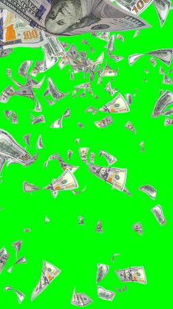 Flying dollars banknotes isolated on chromakey. Money is flying in the air. 100 US banknotes new sample. Vertical orientation. 3D illustrationの写真素材