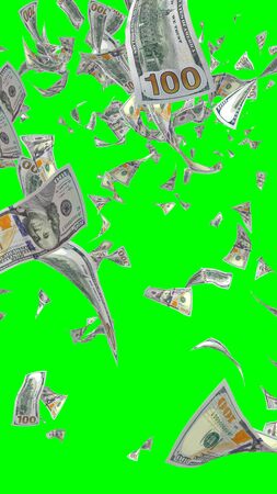 Flying dollars banknotes isolated on chromakey. Money is flying in the air. 100 US banknotes new sample. Vertical orientation. 3D illustrationの写真素材