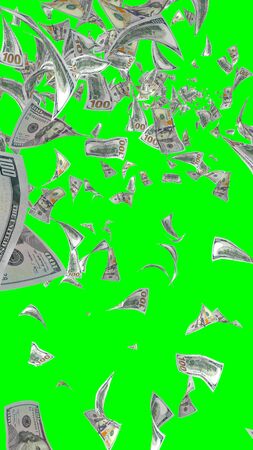 Flying dollars banknotes isolated on chromakey. Money is flying in the air. 100 US banknotes new sample. Vertical orientation. 3D illustrationの写真素材
