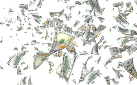 Flying dollars banknotes isolated on white background. Money is flying in the air. 100 US banknotes new sample. 3D illustrationの写真素材