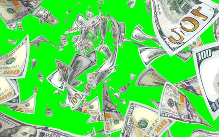 Flying dollars banknotes isolated on chromakey. Money is flying in the air. 100 US banknotes new sample. 3D illustrationの写真素材