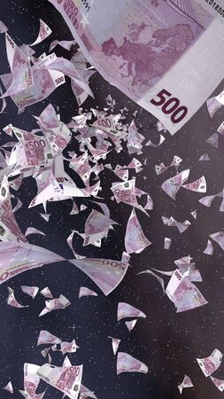 Flying euro banknotes on a outer space starry background. Money flying in the outer space. 500 EURO in color. Vertical orientation. 3D illustrationの写真素材