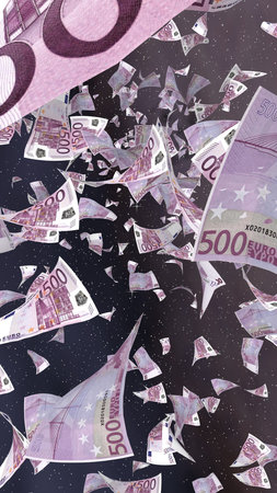 Flying euro banknotes on a outer space starry background. Money flying in the outer space. 500 EURO...