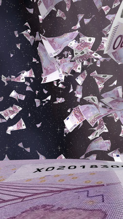 Flying euro banknotes on a outer space starry background. Money flying in the outer space. 500 EURO...