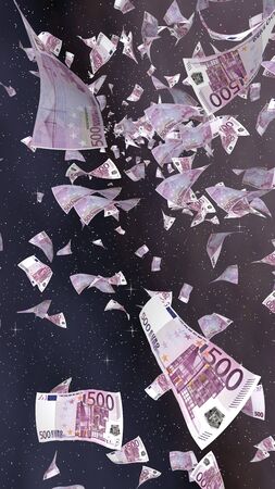 Flying euro banknotes on a outer space starry background. Money flying in the outer space. 500 EURO in color. Vertical orientation. 3D illustrationの写真素材