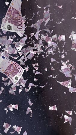 Flying euro banknotes on a outer space starry background. Money flying in the outer space. 500 EURO in color. Vertical orientation. 3D illustrationの写真素材