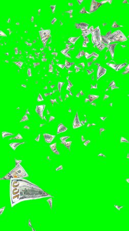 Flying dollars banknotes isolated on chromakey. Money is flying in the air. 100 US banknotes new sample. Vertical orientation. 3D illustrationの写真素材