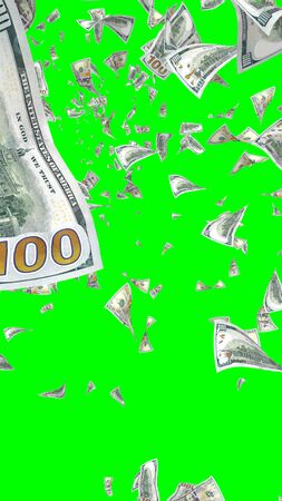 Flying dollars banknotes isolated on chromakey. Money is flying in the air. 100 US banknotes new sample. Vertical orientation. 3D illustrationの写真素材